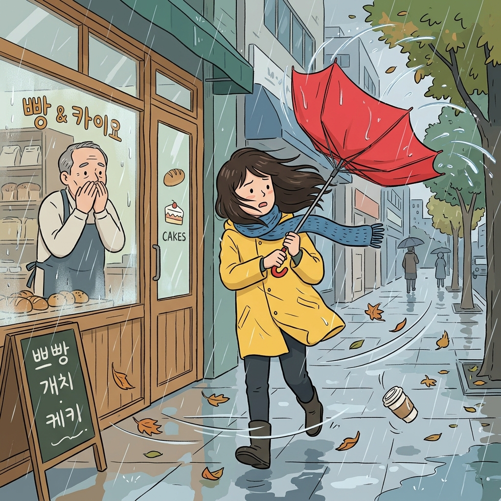 갑작스러운 돌풍에 우산이 홀랑 뒤집혔다.