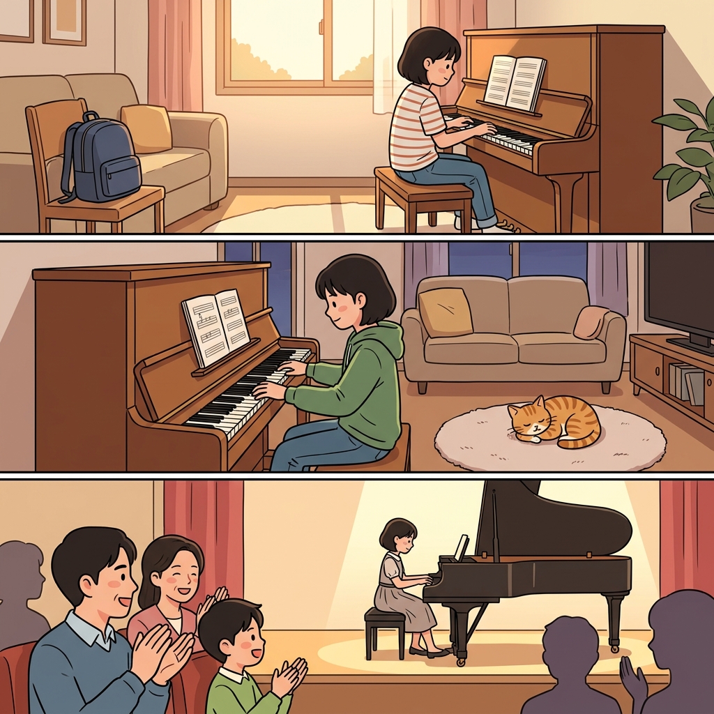 그녀는 매일 피아노를 연습하며 좋은 습관을 만들었고, 실력이 꾸준히 향상되었다.