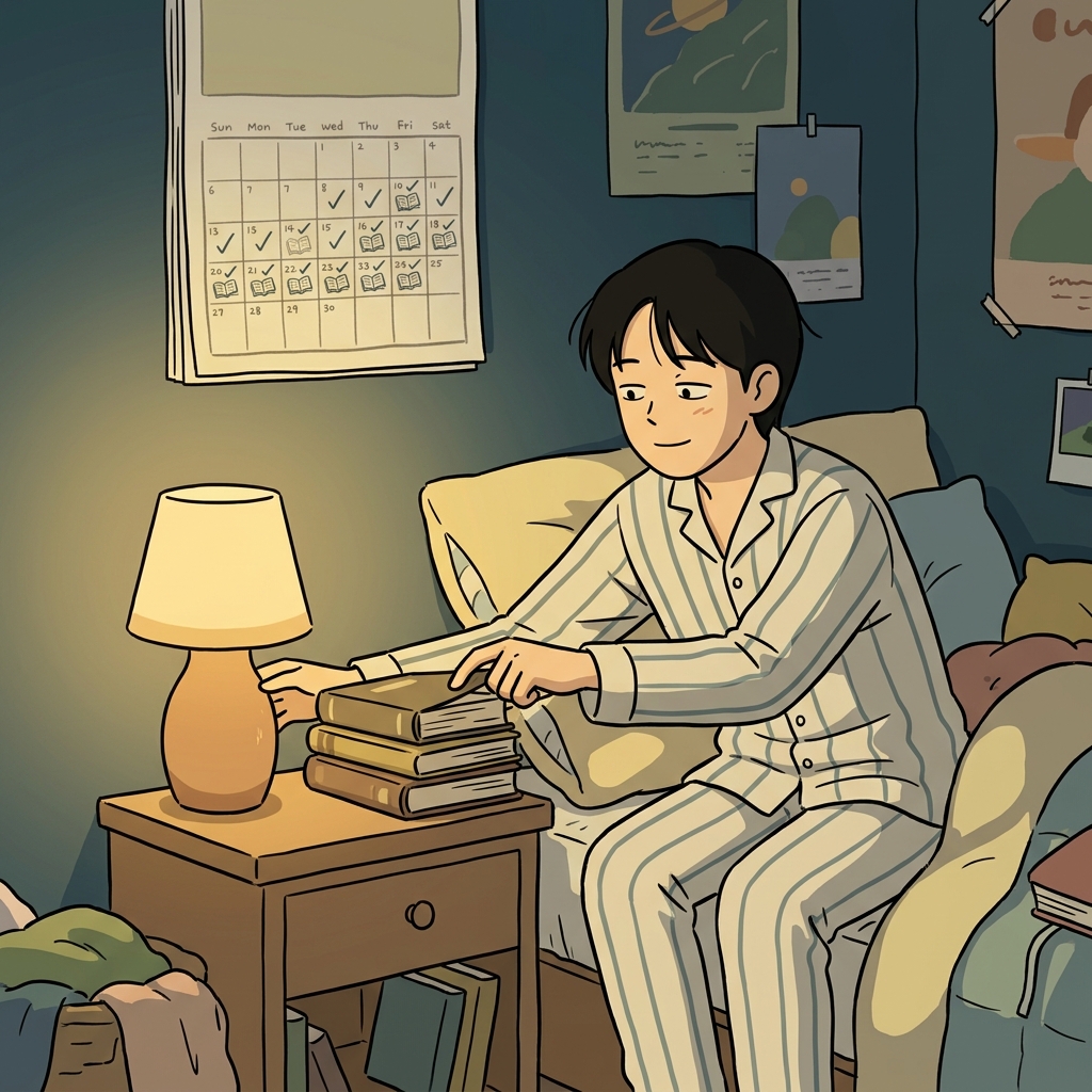 The habitual reader automatically picked up a book before going to bed every night. (habit → "Have it!" → If you "have it" every day, it becomes a habit → habitual)