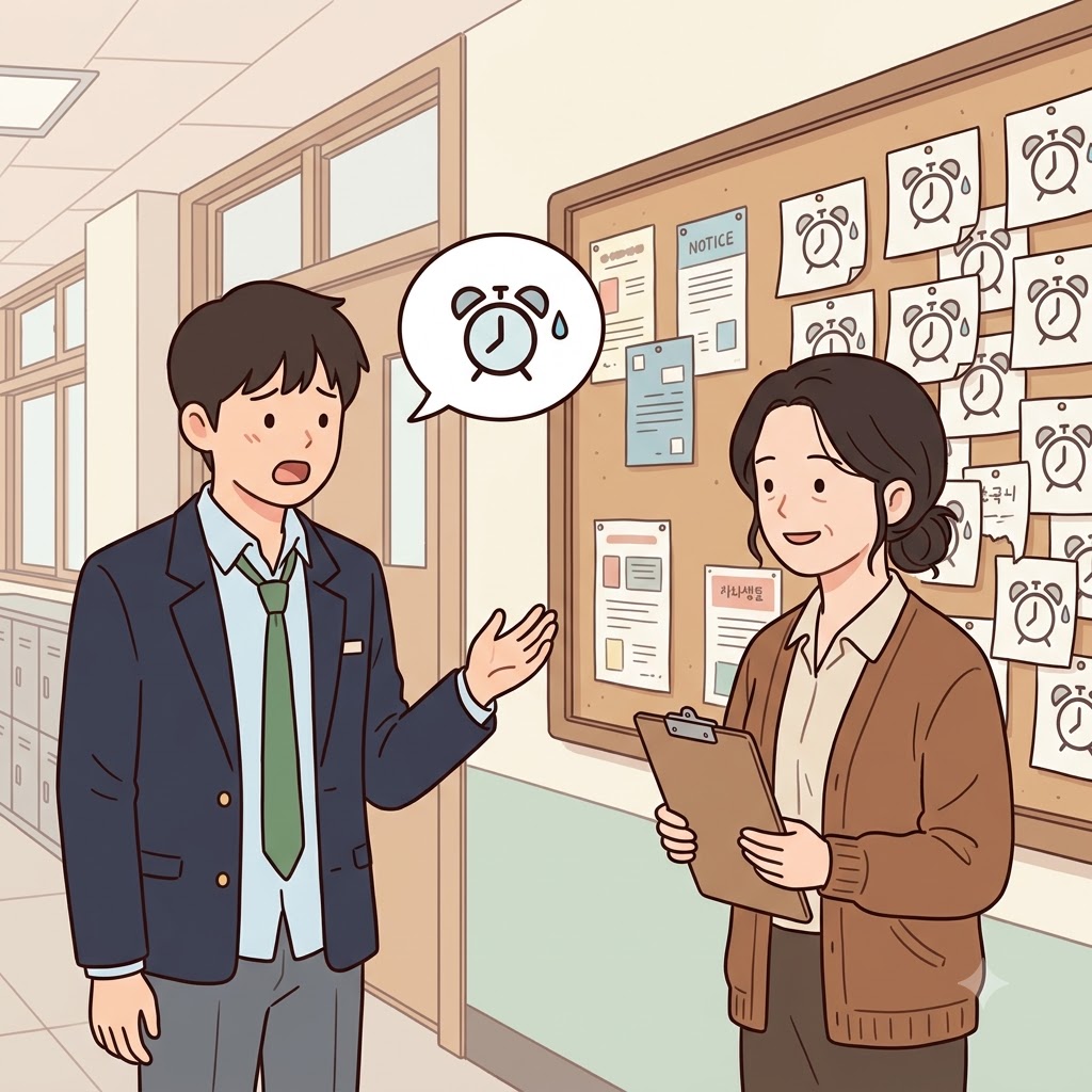 선생님은 학생이 또 똑같은 핑계를 대자 "헉, 니 말 또야?"라며 한숨을 쉬었다. ("헉, 니 말?" → "헉, 또 그 말이야?" 너무 많이 들어 식상하다)