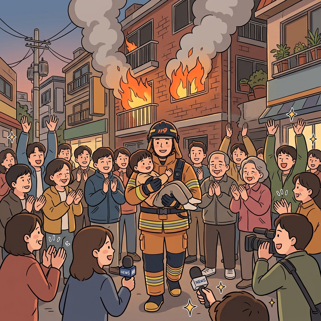 군중은 "헤일! 허레이!"를 외치며 소방관을 진정한 영웅이라고 칭송했다. ("헤일! 허레이!" → 모두 함께 환호하며 영웅을 칭송한다)