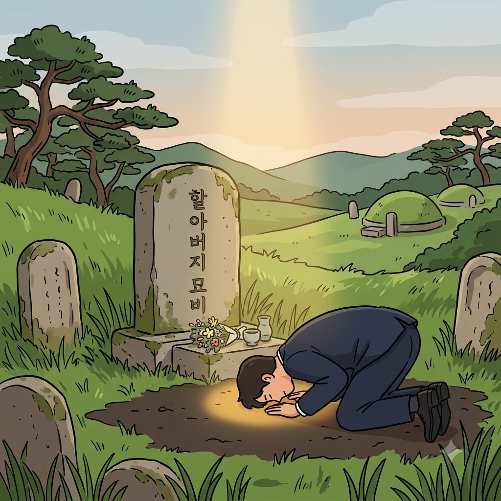 "할(hal)아버지 묘비 앞에 로우(low)(낮은) 자세로 엎드려 그 땅을 거룩하게 했다(hallow)."