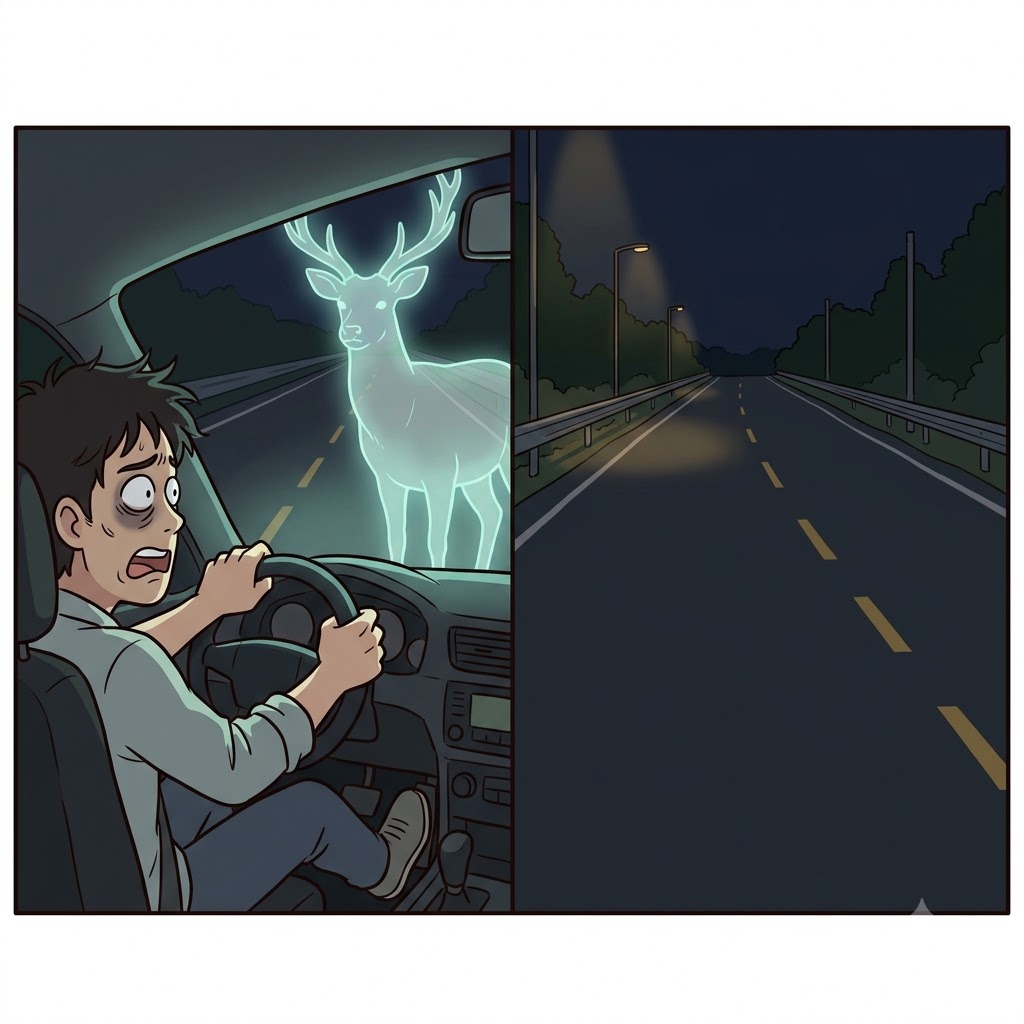 The tired driver swerved to avoid a giant deer, but the empty road proved it was just a hallucination.