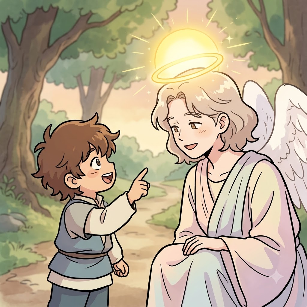 아이는 천사의 머리 위 빛나는 후광(halo)을 보며 "해로!" 하고 외쳤다. ("해로!" → 해처럼 둥글고 빛나는 고리.)