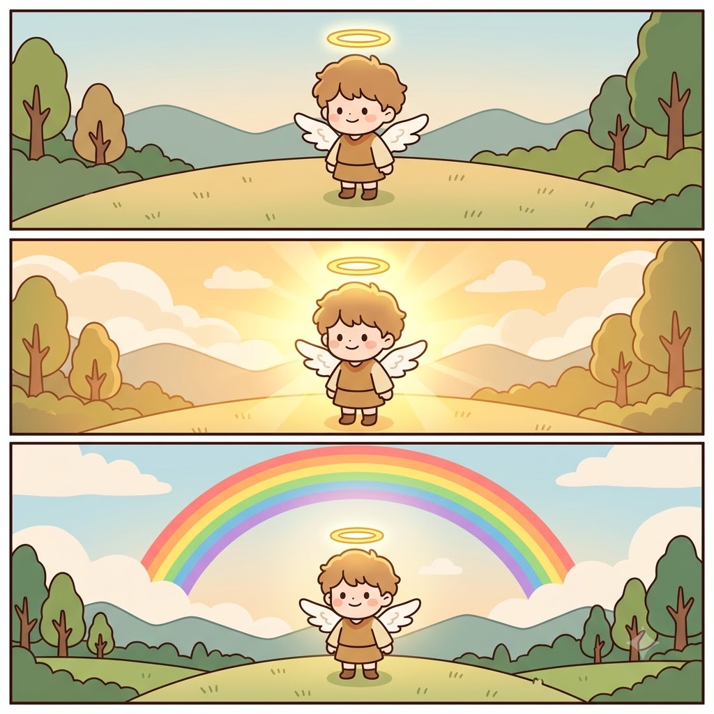 후광(halo)은 무지개(rainbow)처럼 은은하게 빛나기(glow) 시작했다.