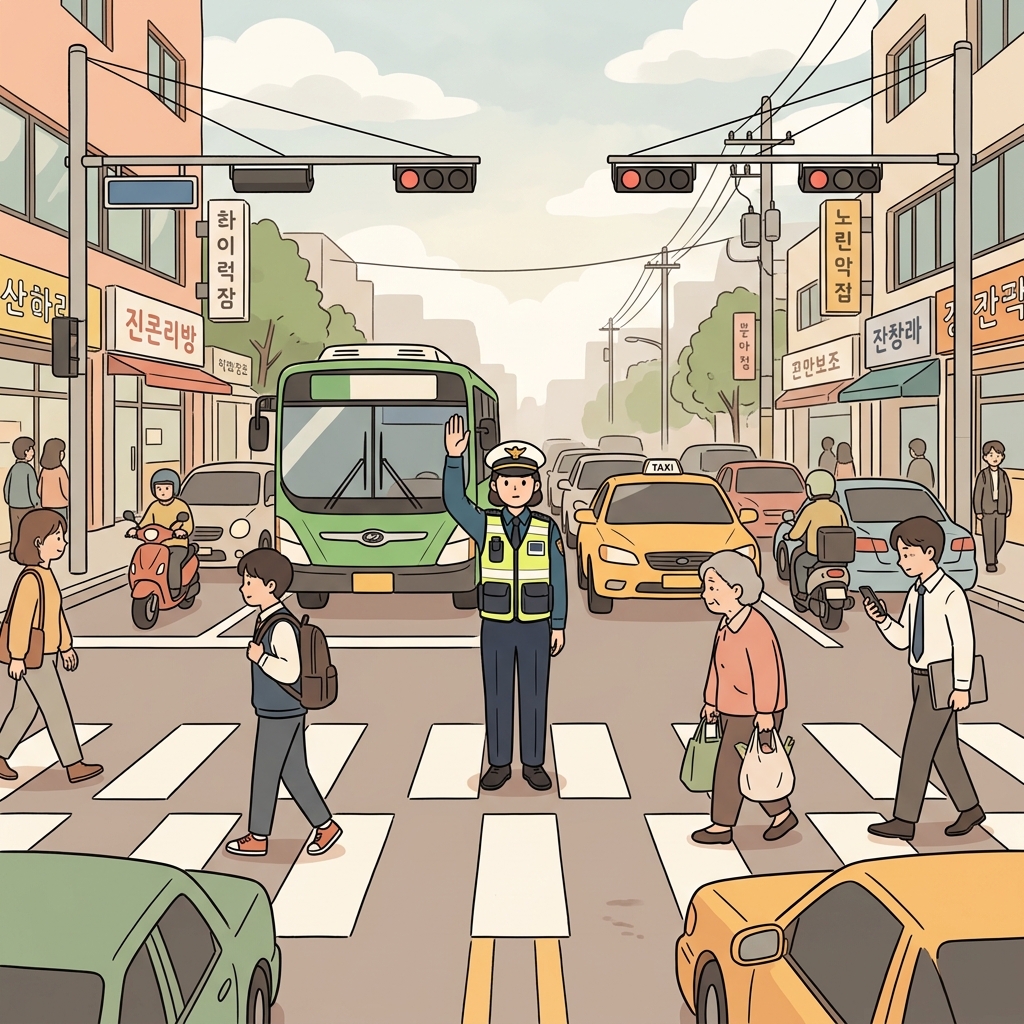 경찰관은 차량들에게 멈추라고 신호했다.