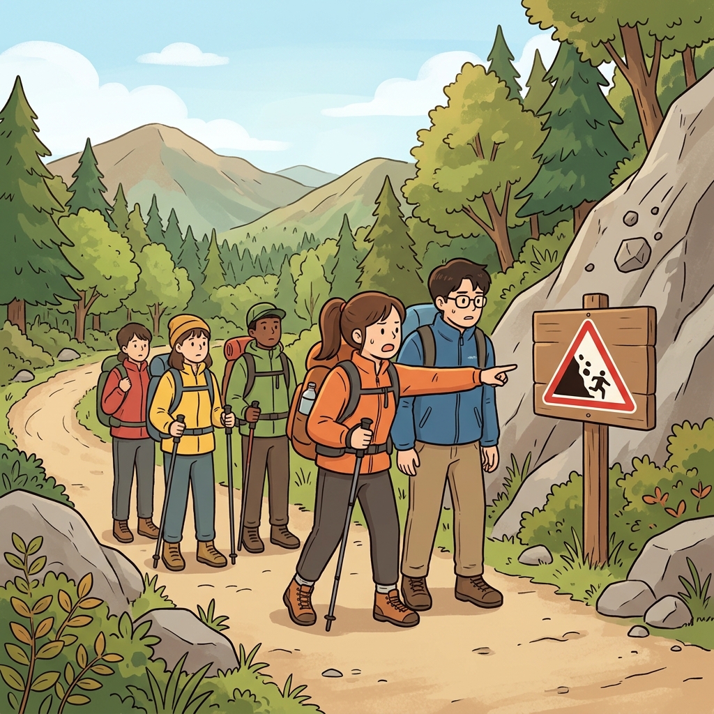 등산객들은 경고 표지판을 보고 걸음을 멈췄다. ("홀드(Hold)! Halt!" 모두 그 자리에서 멈춘다.)