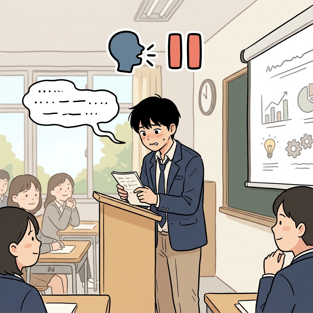그의 더듬거리는 말투는 긴장하고 있음을 보여 주었다.