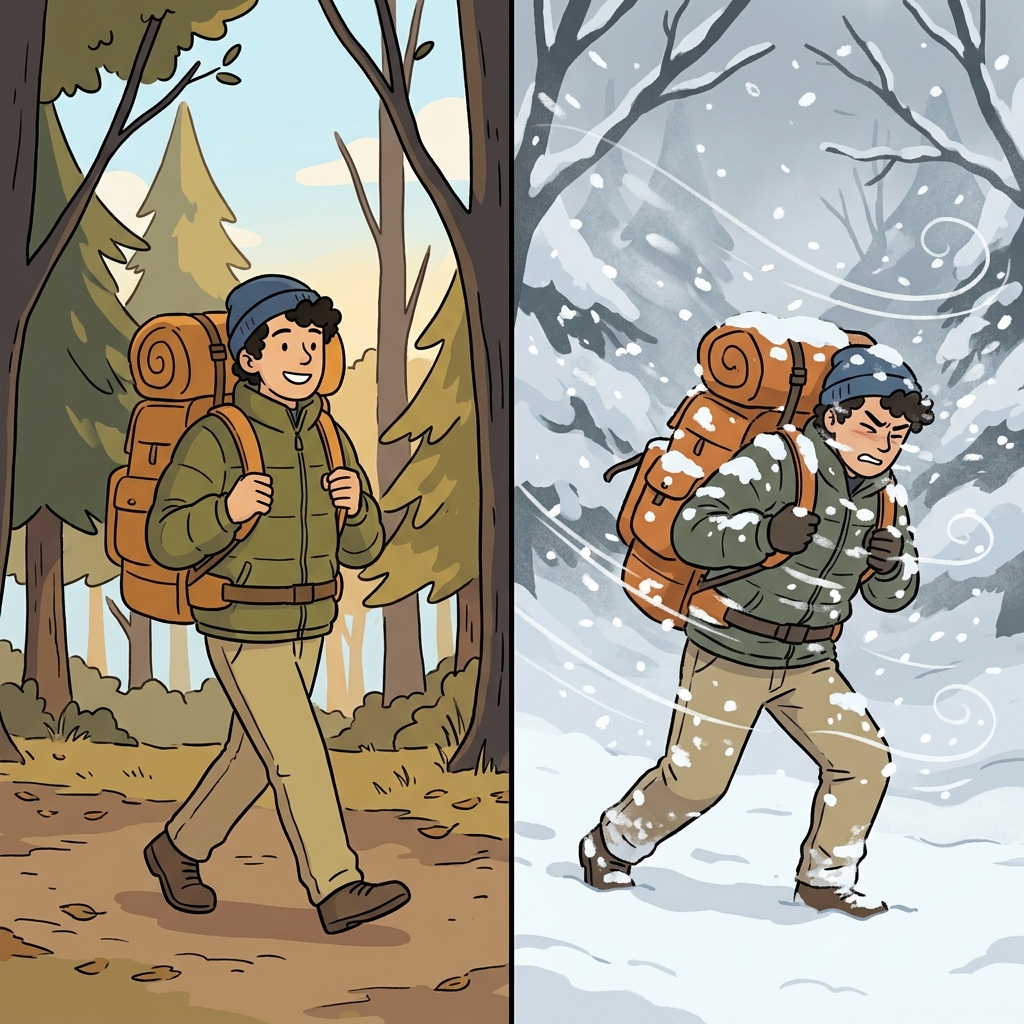 The sudden thick snowstorm began to hamper the tired camper.