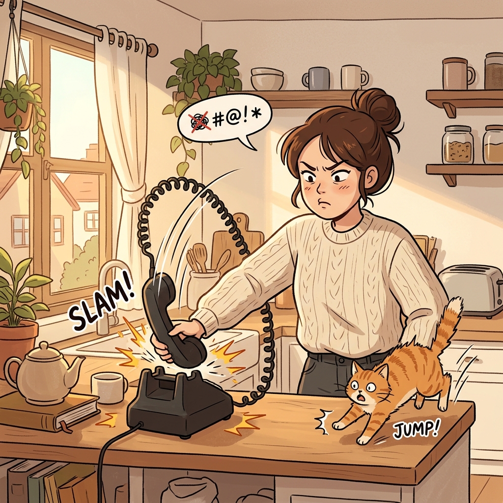 텔레마케터 전화에 짜증나서 그냥 전화를 끊어버렸다.