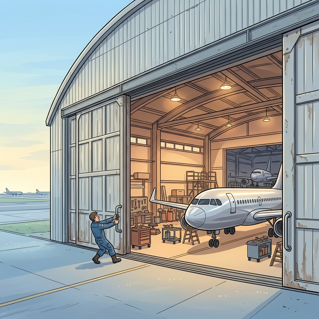 The mechanic rolls open the hangar doors to reveal a gleaming jet inside.