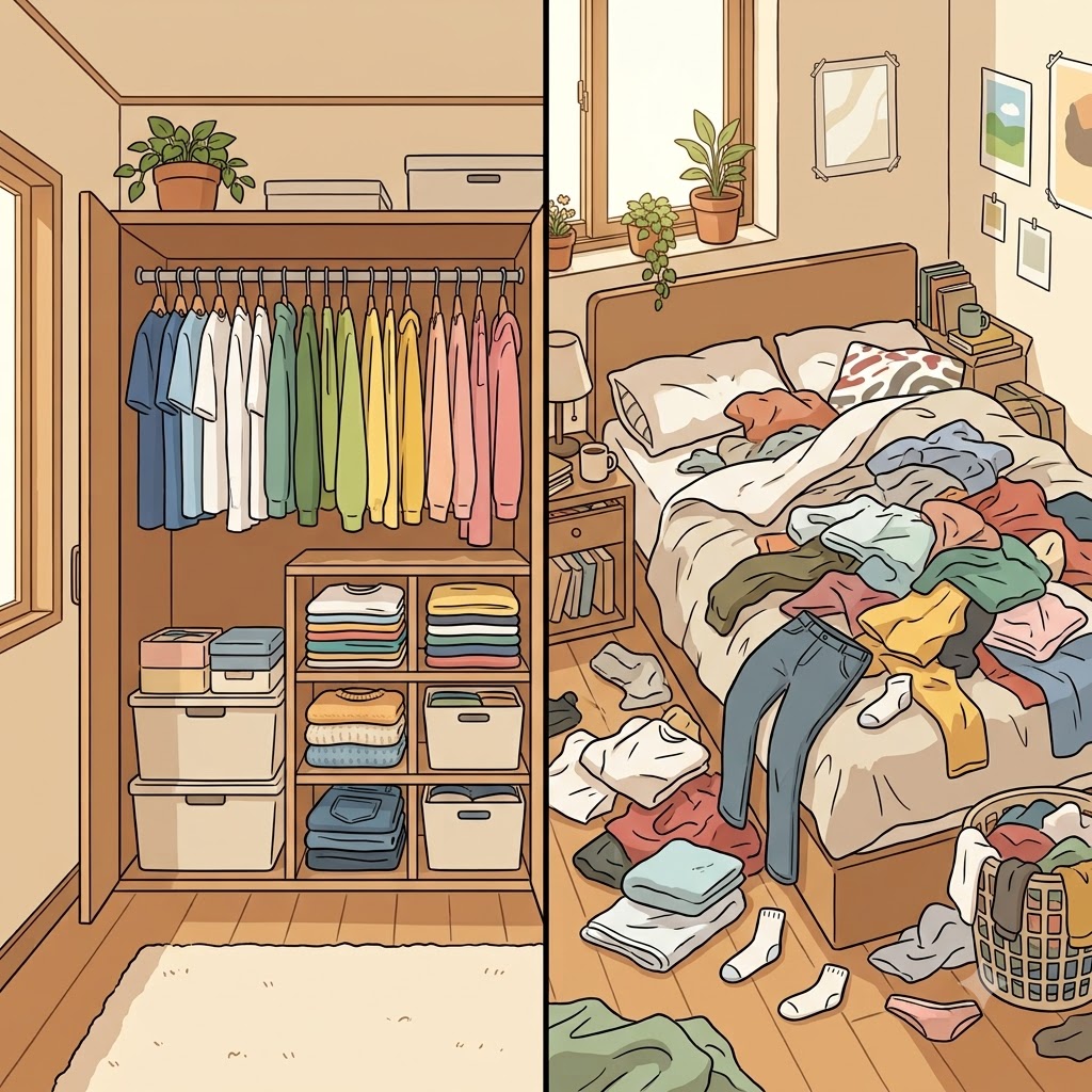Unlike the neatly organized closet, the clothes on the bed were piled in a completely haphazard way.