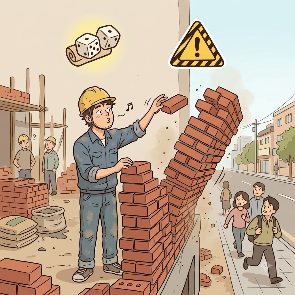 HAP(luck) + HAZARD(danger) — relying only on HAP instead of a plan created a falling HAZARD, proving the building was entirely haphazard.