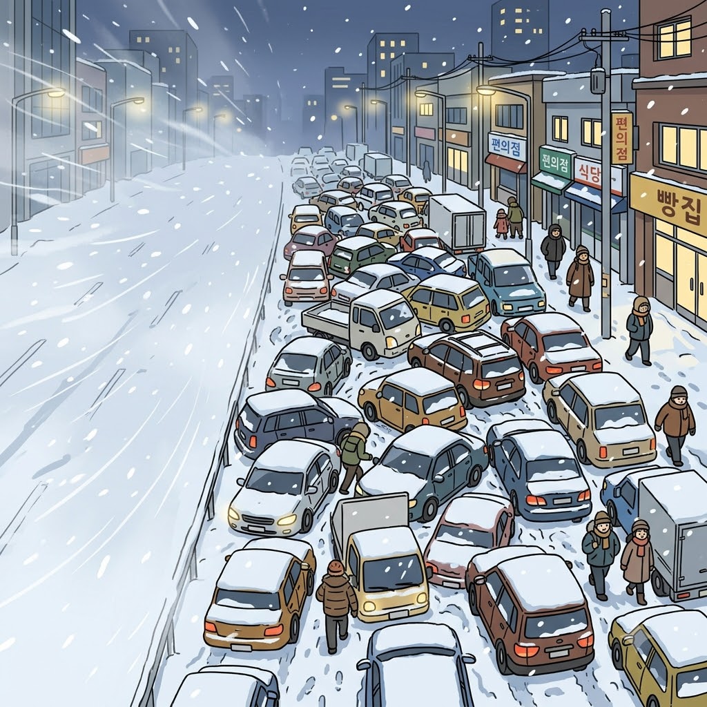 When the heavy blizzard struck, the panicked drivers left their cars in a completely haphazard mess on the street.