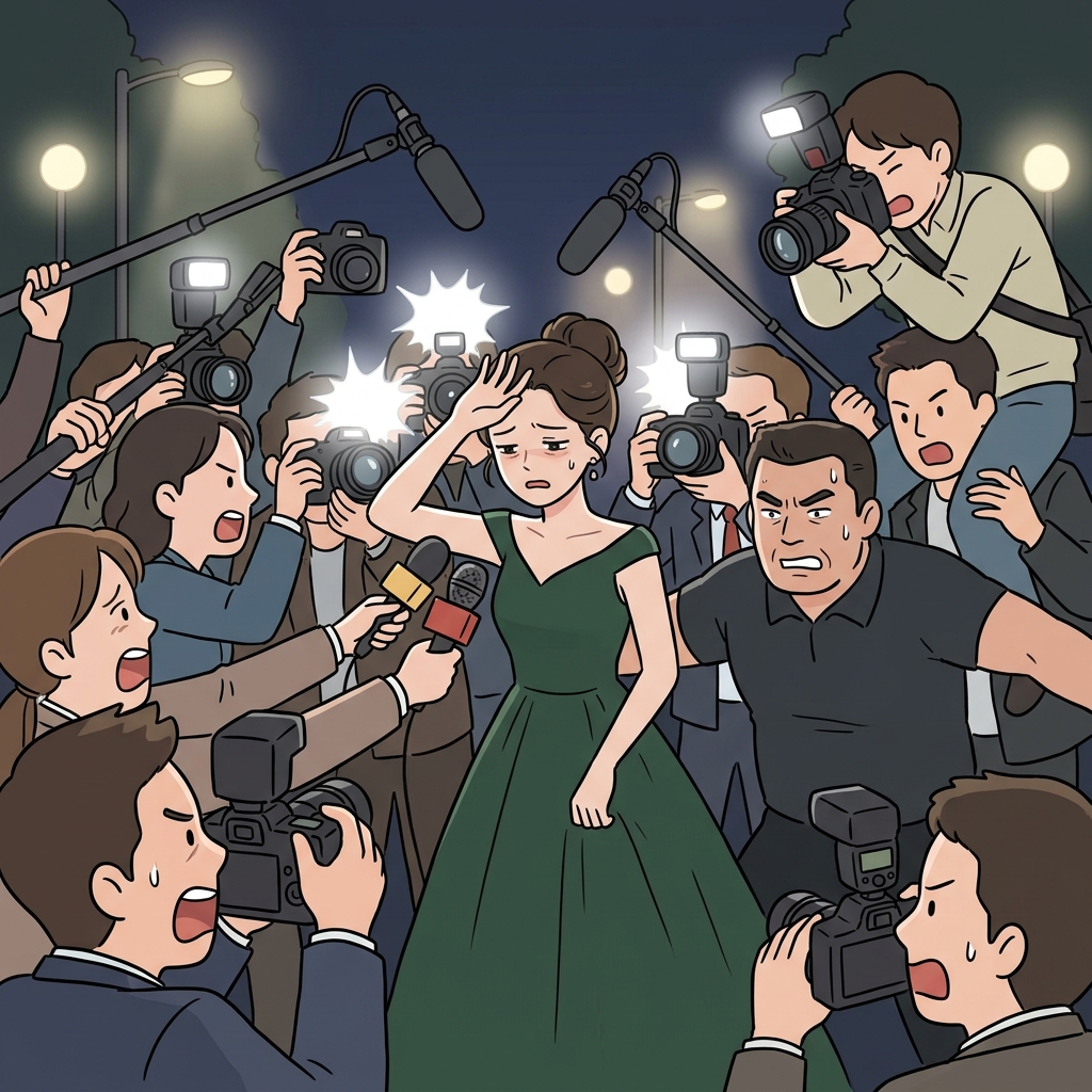 Reporters harass the actress with flashing cameras as she leaves the theater.