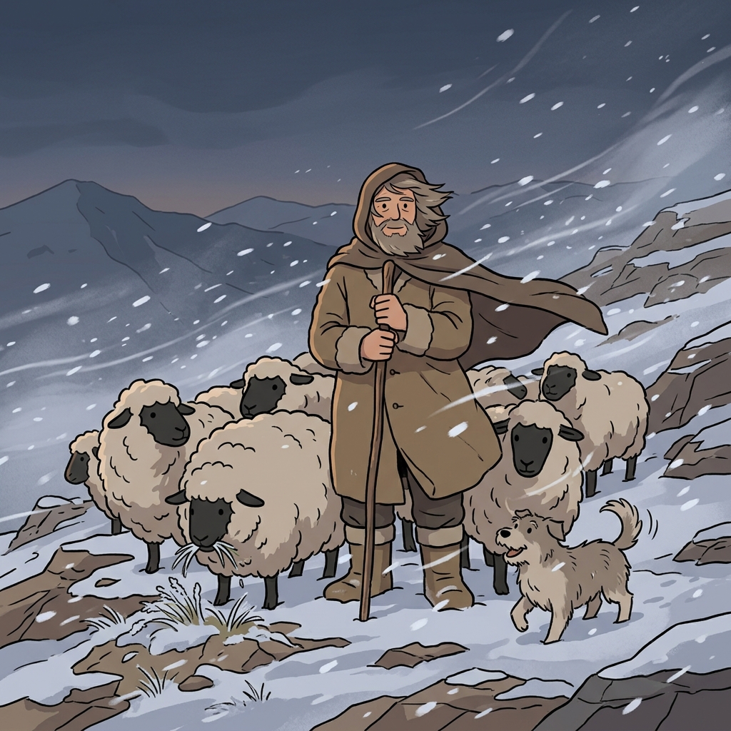 The hardy shepherd tends his flock through the blizzard without flinching.