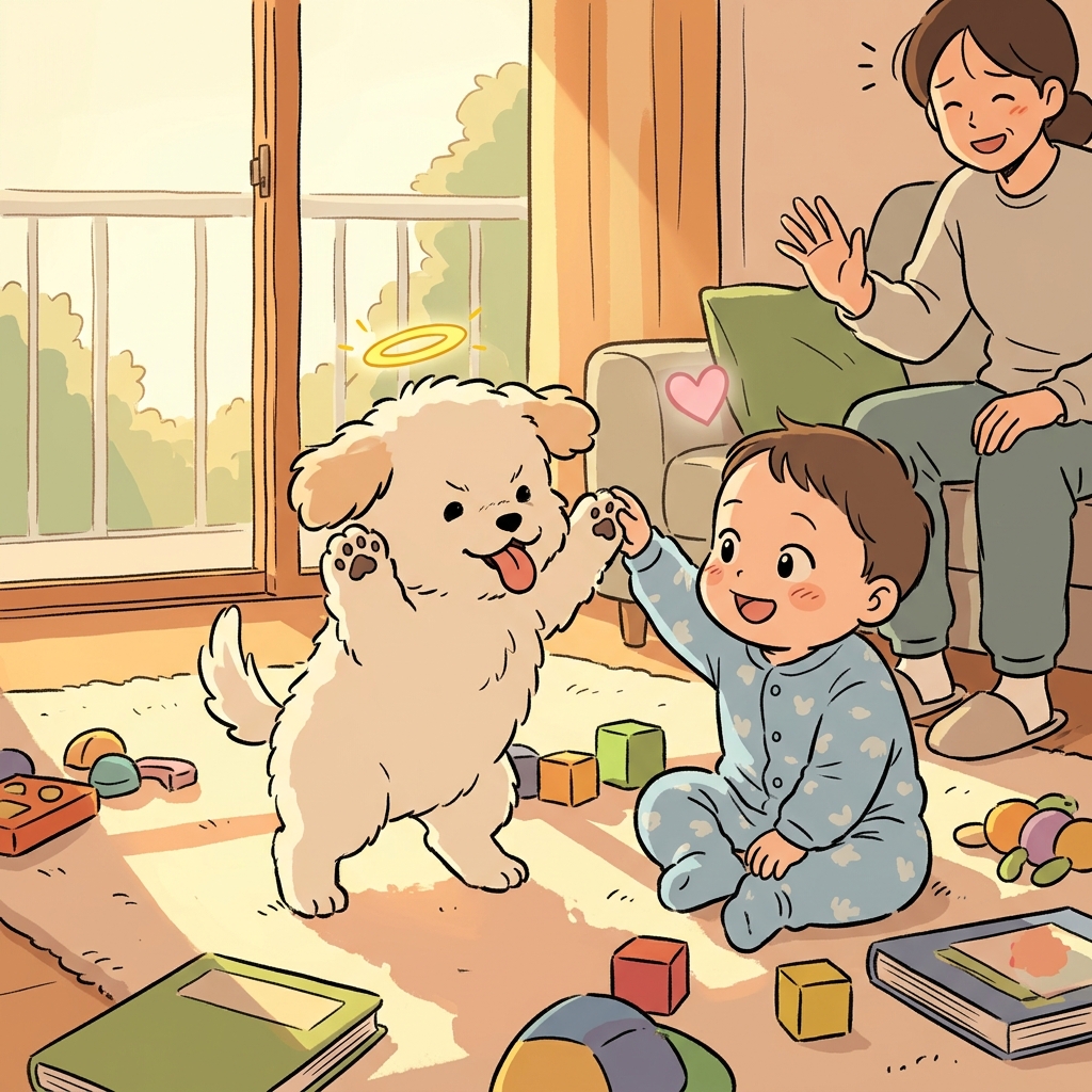 강아지가 짖는 척해도 아기한테는 전혀 해롭지 않다.