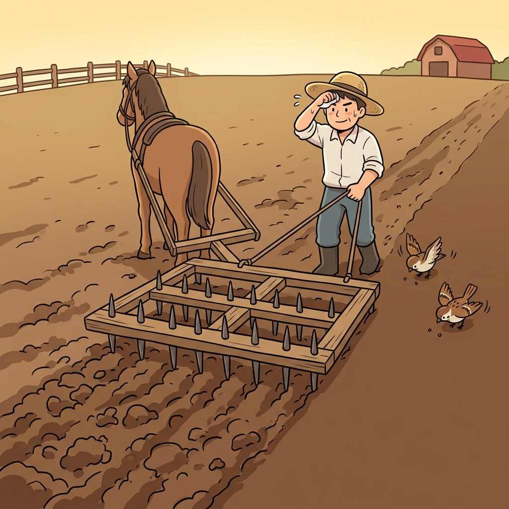 The farmer drives the harrow across the field to break up heavy clods of soil.