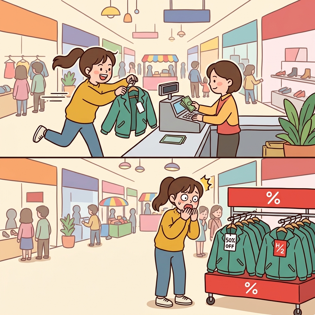 그녀는 가격을 비교하지도 않고 성급하게 물건을 샀다. ("헤이! 서둘러!" → '헤이!' 하는 순간 급하게 행동한다)