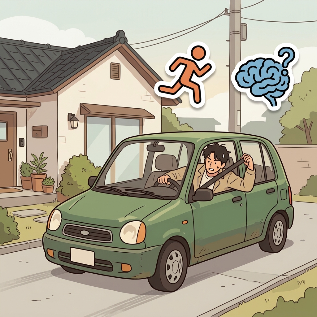 The hasty driver forgot to fasten his seat belt. (🏃 Rush + 🧠 Think Later → Hasty)