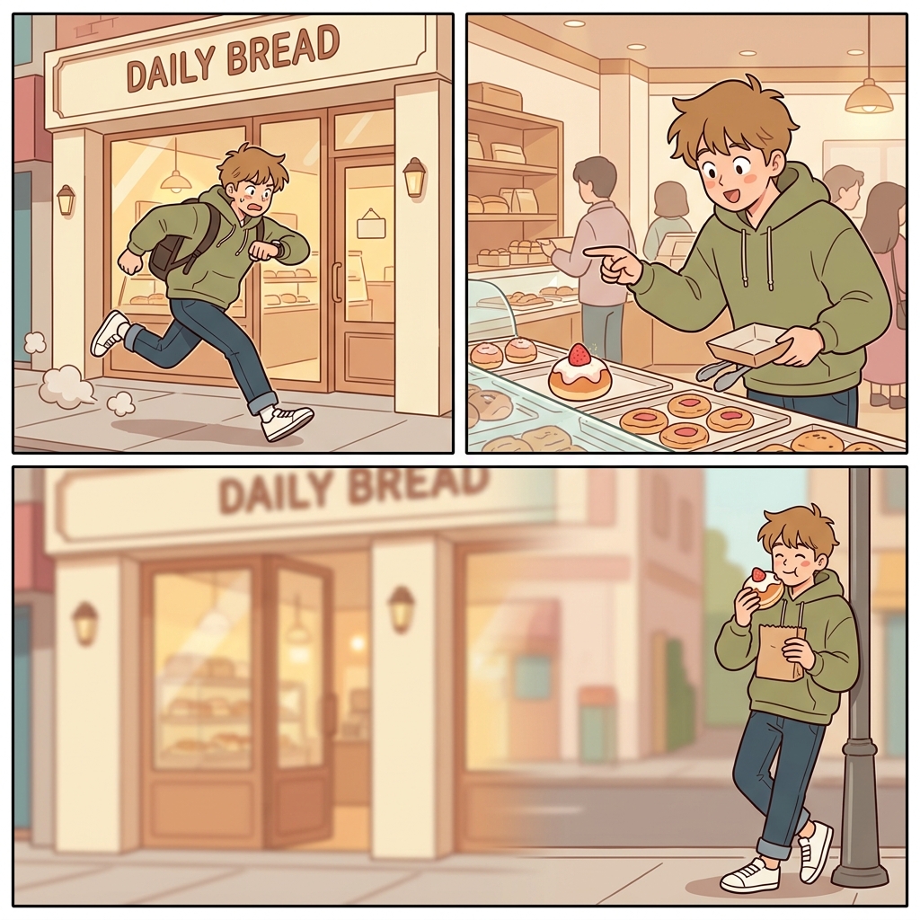 In his hasty rush, he grabbed a tasty pastry without paying attention.