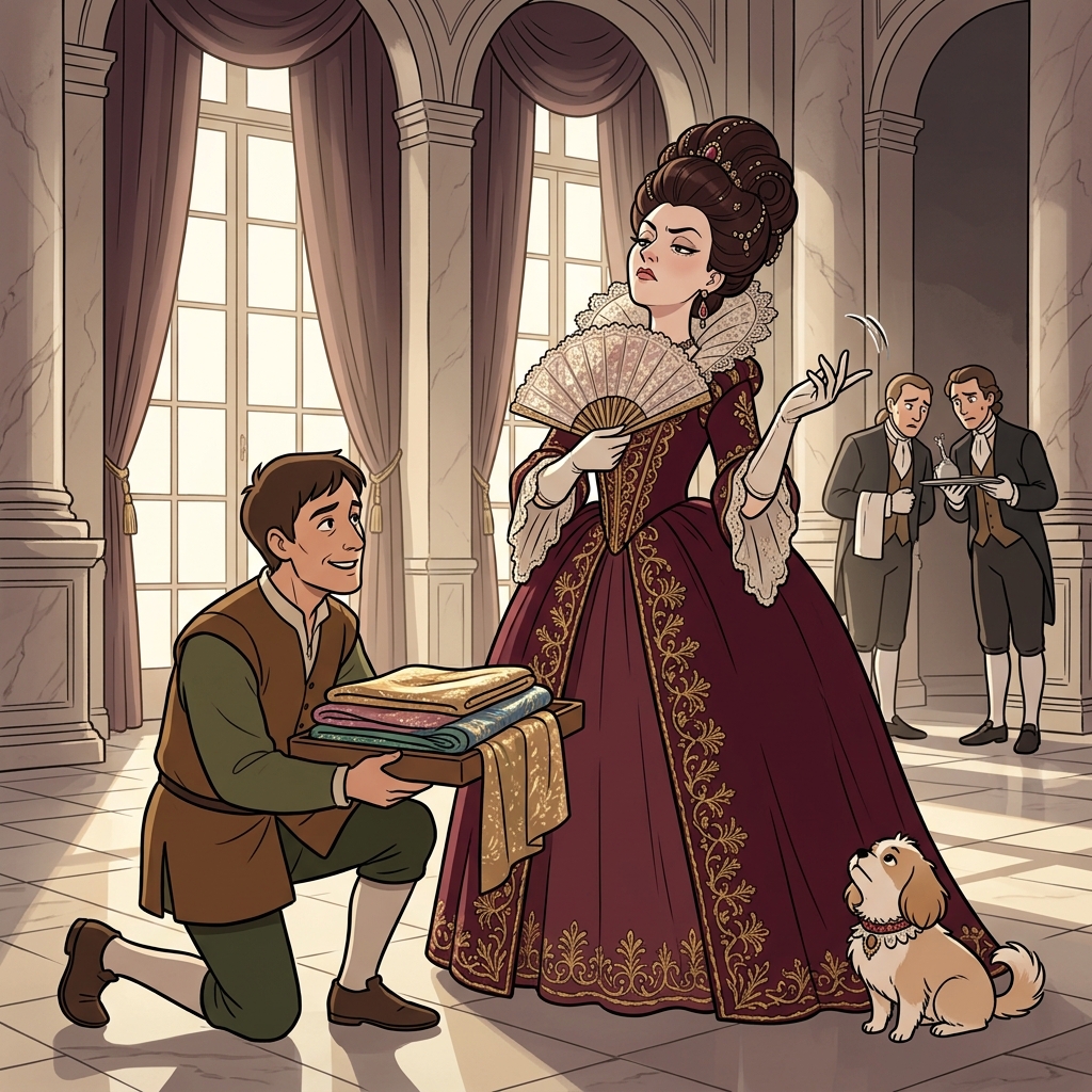 The haughty duchess barely glanced at the humble merchant offering silk.