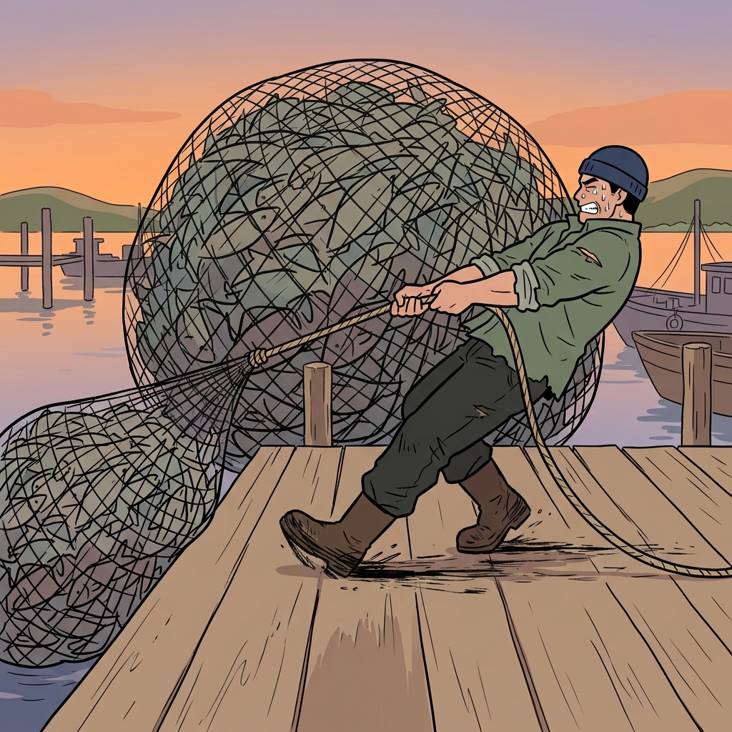 The lone fisherman managed to haul the massive net onto the dock, his boots scraping the wood.