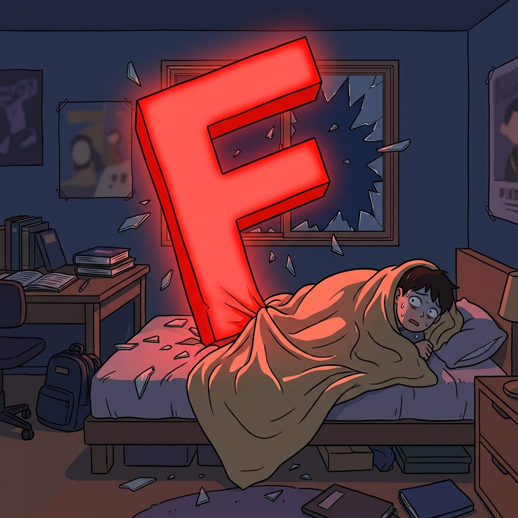 The terrified student tried to sleep, but the giant glowing red "F" aggressively smashed through the window to haunt his mind all night.