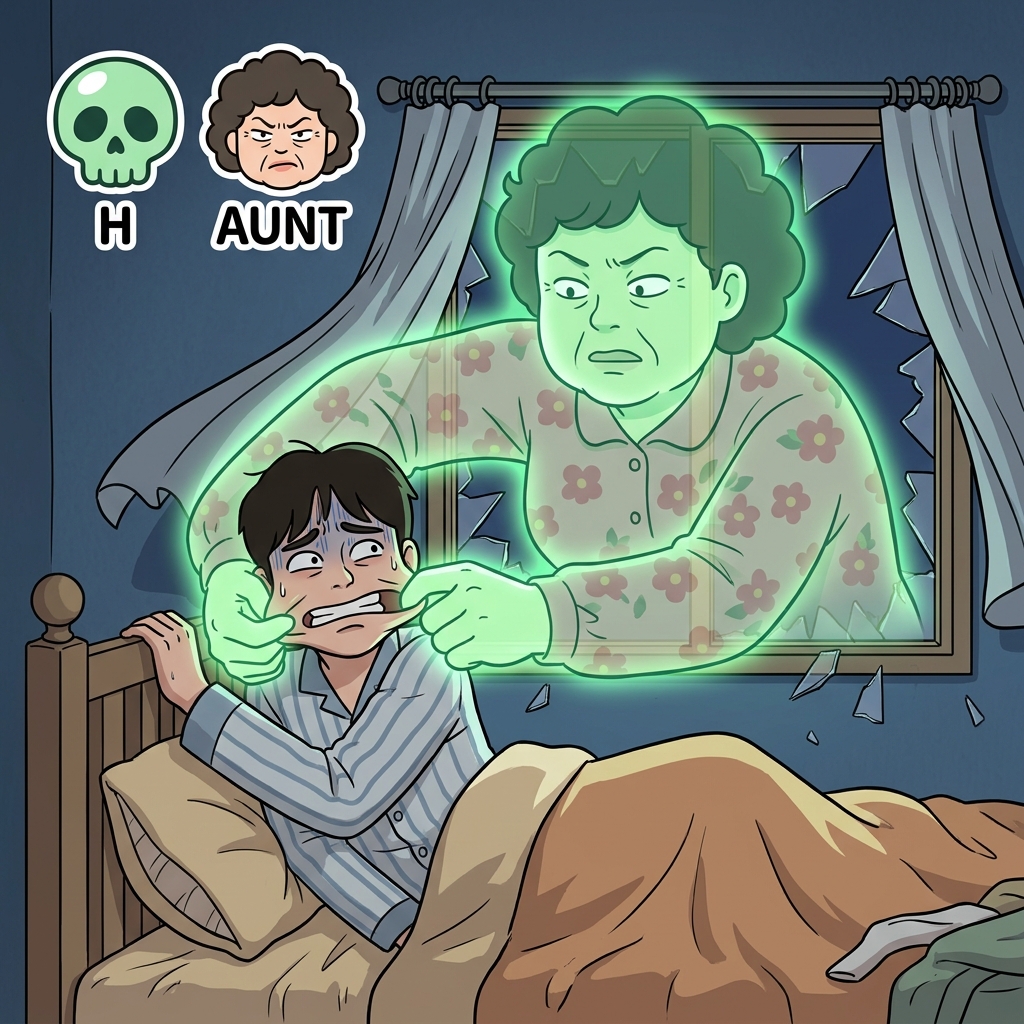 H(horrible) + AUNT(relative) — to haunt is when a horrible ghost aunt violently smashes through your window every night to aggressively pinch your cheeks.