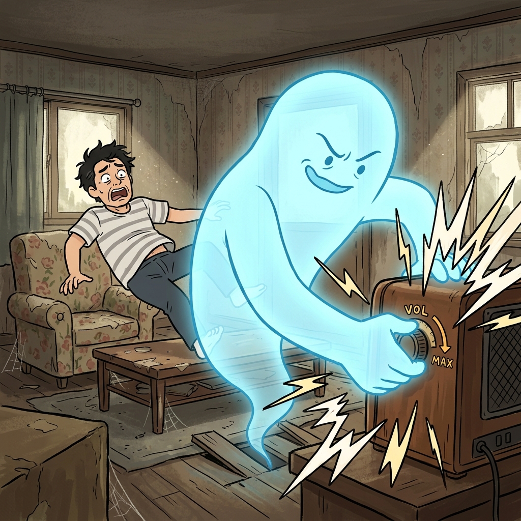 거대한 유령이 계속 라디오를 틀어대는 그 낡은 집은 귀신이 나오는(haunted) 집이 되었다. (혼(hon)이 튼(ted) 집!)