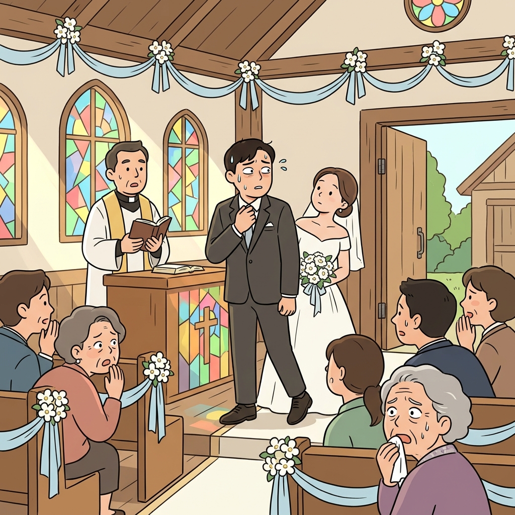 결혼식 단상에 선 신랑이 갑자기 망설이기 시작한다.