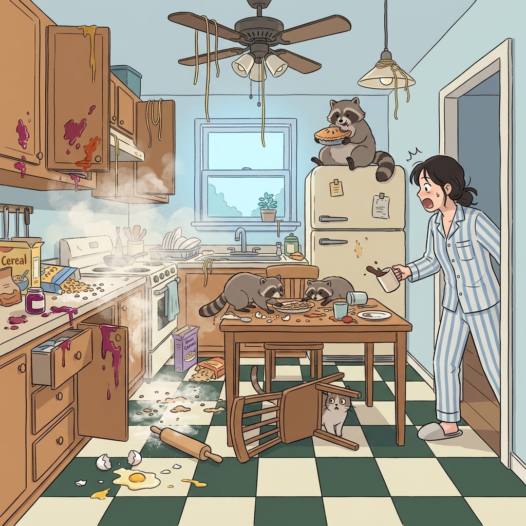 A raccoon family unleashed total havoc in the quiet suburban kitchen overnight.