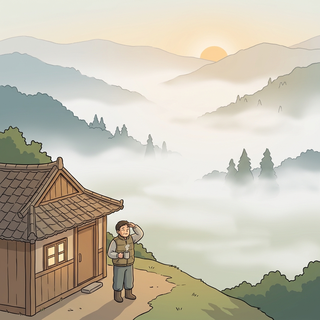 아침 안개가 골짜기를 덮어서 멀리 산들이 흐릿하게만 보인다.