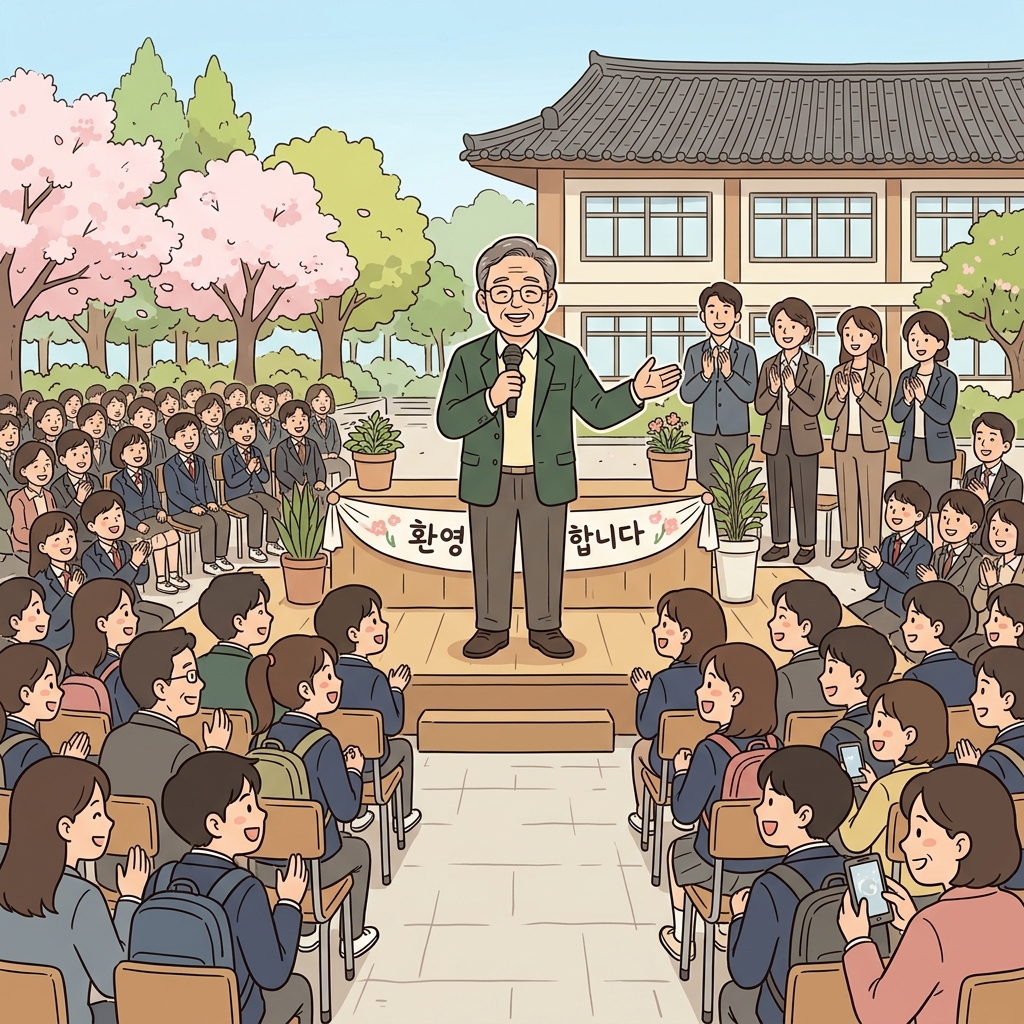 교장(headmaster)은 입학식에서 모든 신입생을 환영했다.