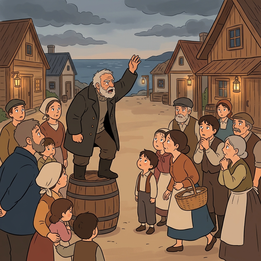 The villagers hearken to the old sailor's warning about the coming storm.