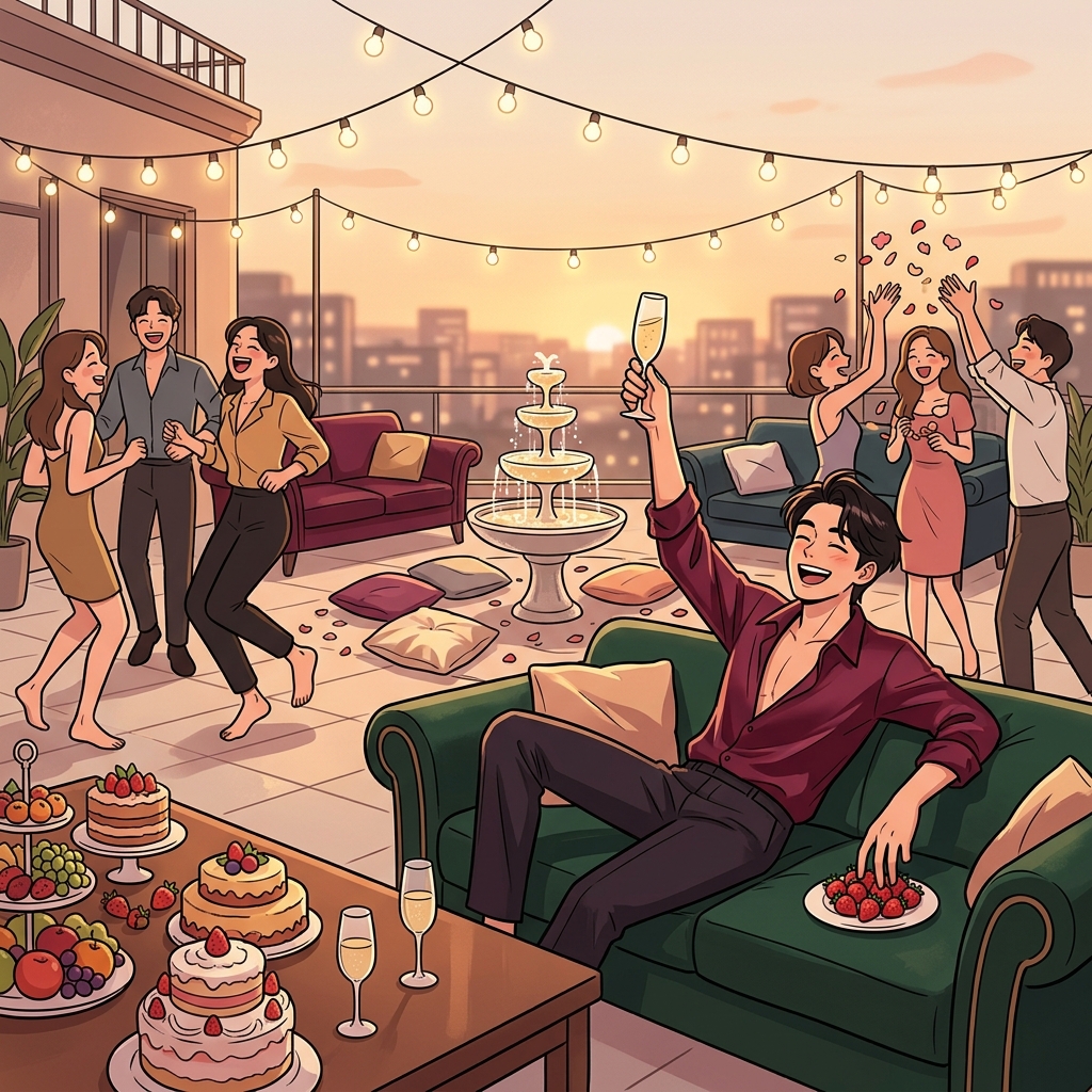 At the rooftop party, he chased pure hedonism — champagne, laughter, and zero regrets.