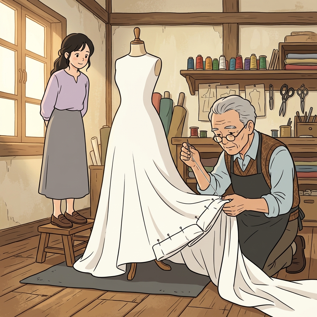 The tailor carefully stitches the hem of the wedding dress before the big day.