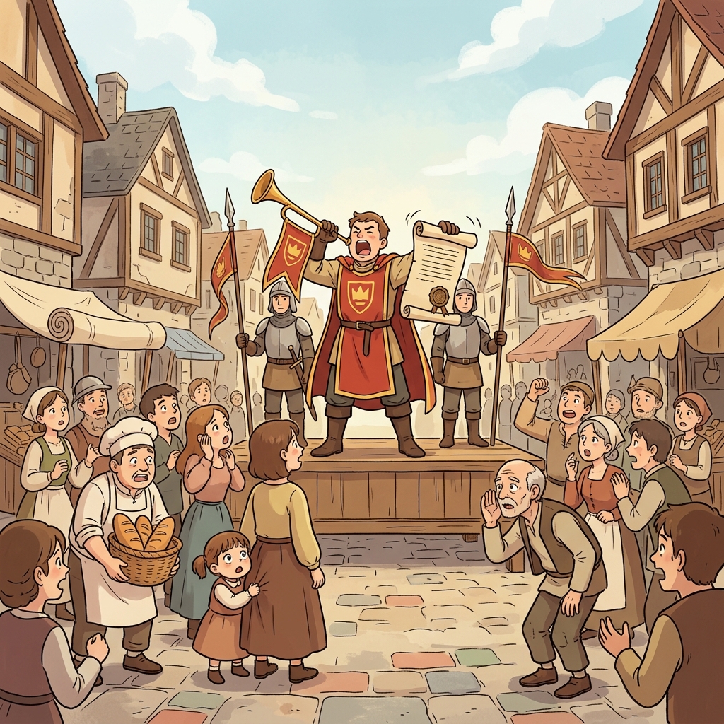 The royal herald announces the king's new decree to the gathered townspeople.