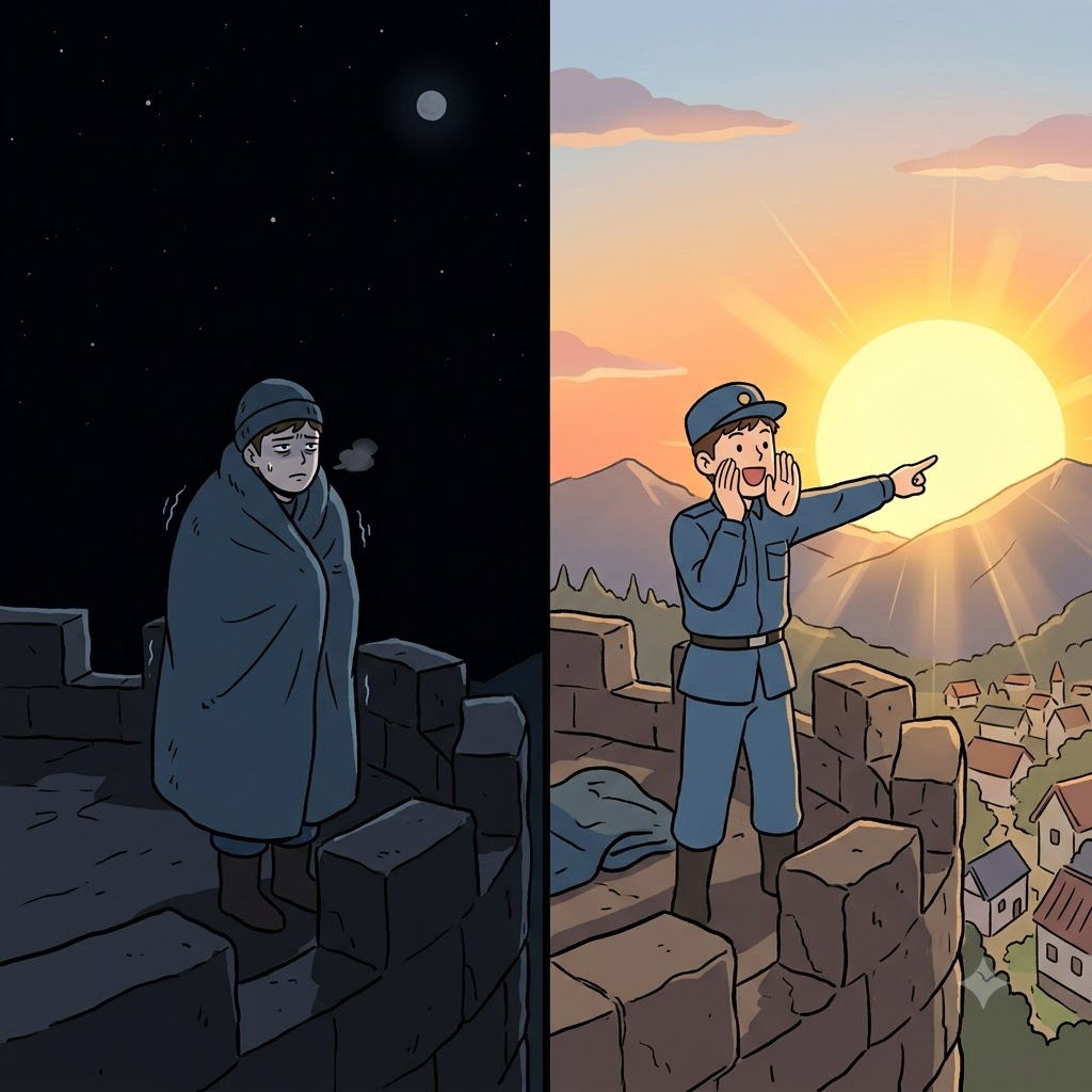 "해(he)를(ral) 드(deu)디어!" 일출을 가리키며, 파수꾼은 어두운 밤이 끝났음을 큰 소리로 예고하고 알렸다(herald).