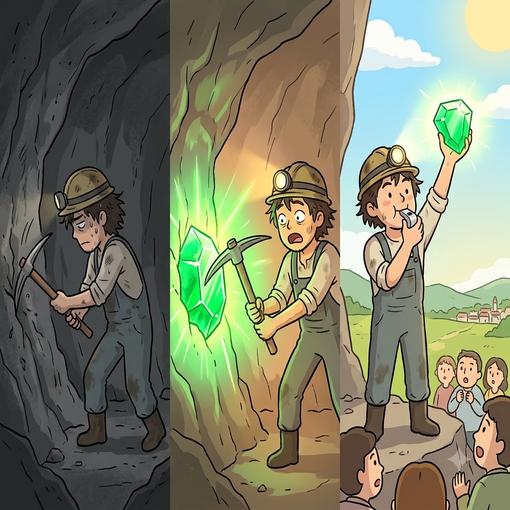 Finding the massive, glowing emerald, the miner blew his whistle to herald his amazing discovery.