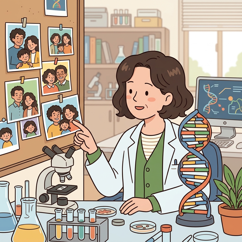 The scientist studied hereditary traits shared by parents and their children. (hereditary ← inherit → If you inherit it from your parents, it's hereditary.)