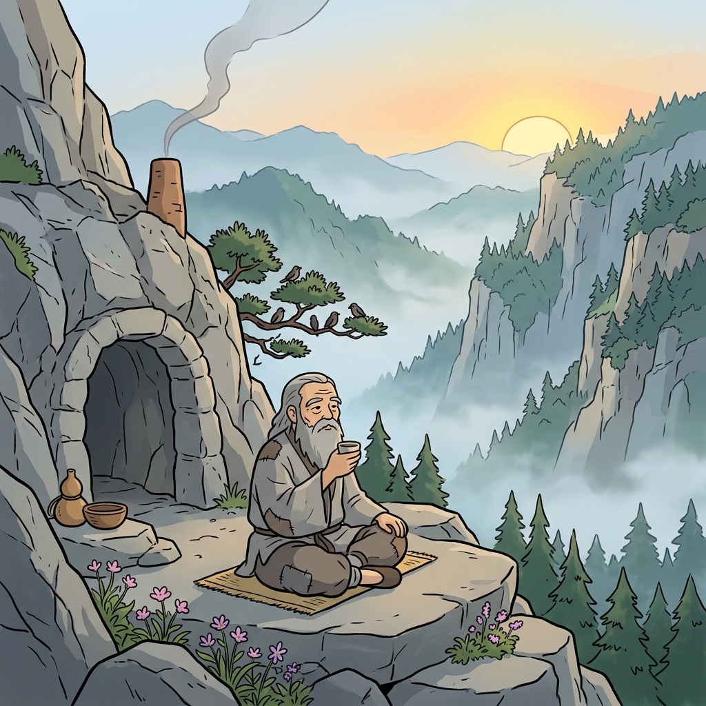 The old hermit lives alone in a mountain cave, far from any village.