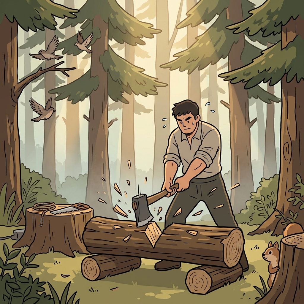 The woodcutter hews the massive oak trunk with steady axe swings.