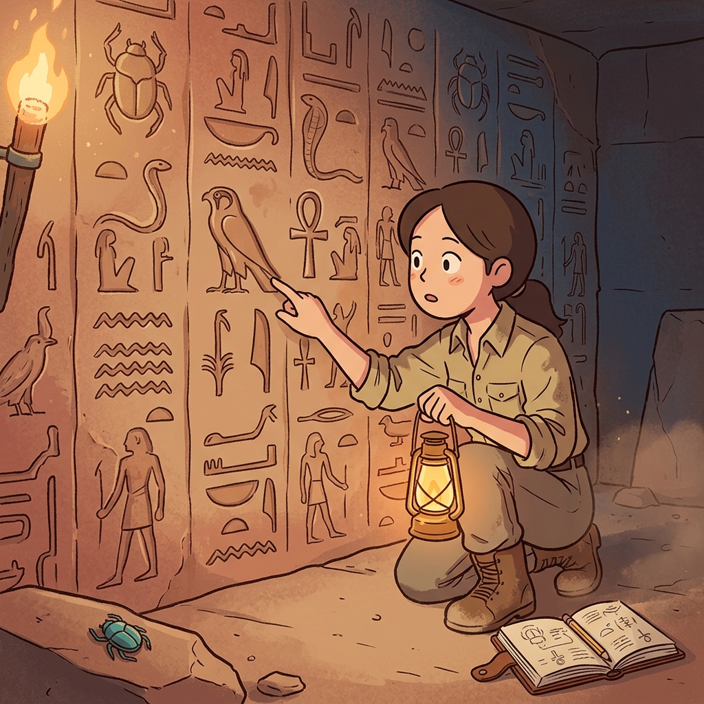 The archaeologist traced each hieroglyph carved into the ancient tomb wall.