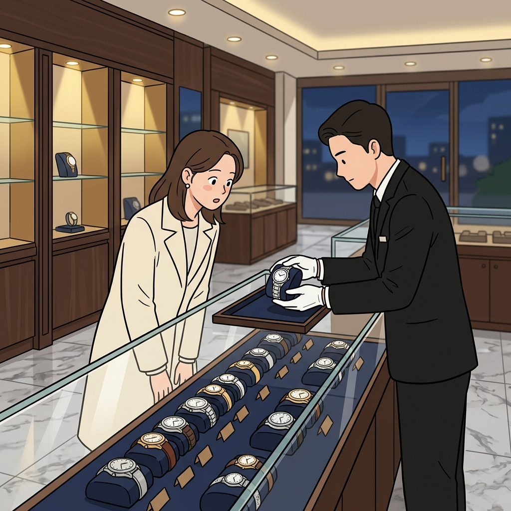She browses high-end watches under glowing display lights at the luxury boutique.