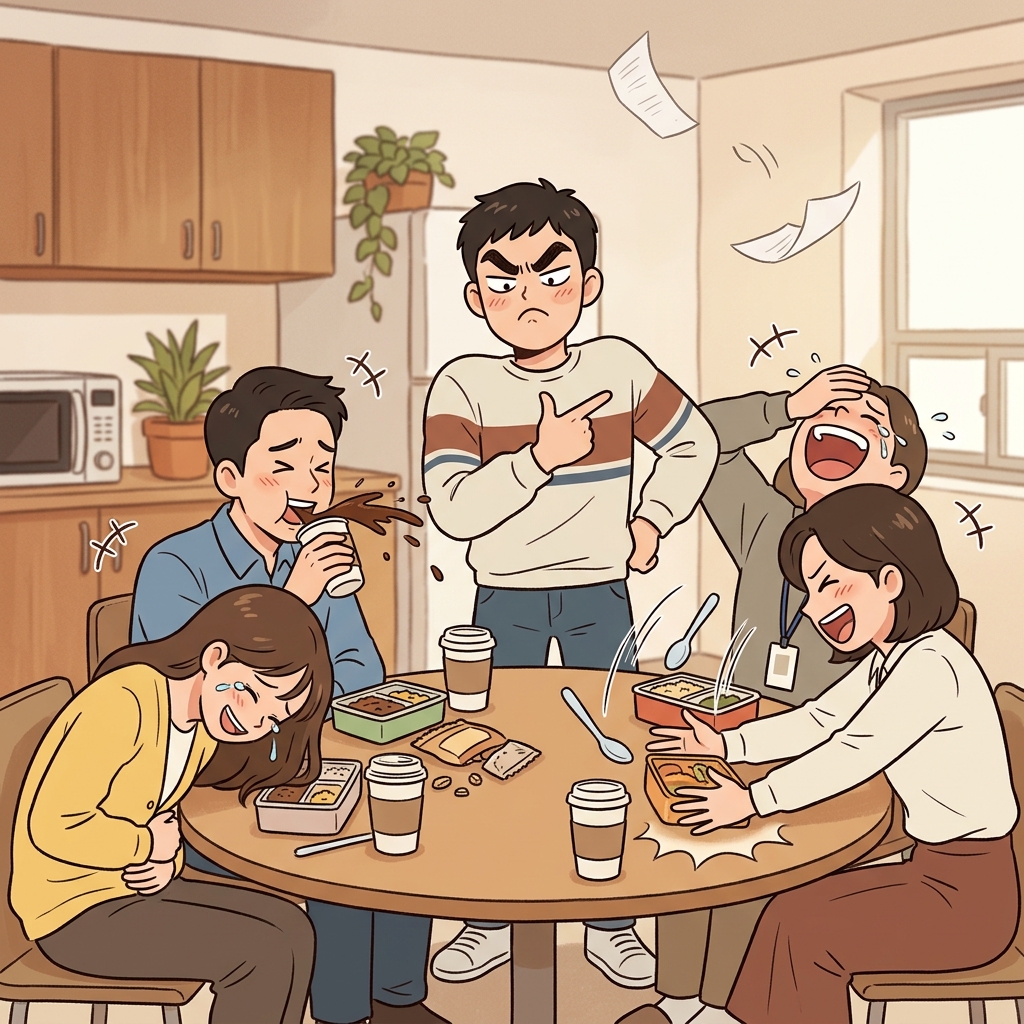 His impression of the boss was so hilarious that everyone spat out their coffee.