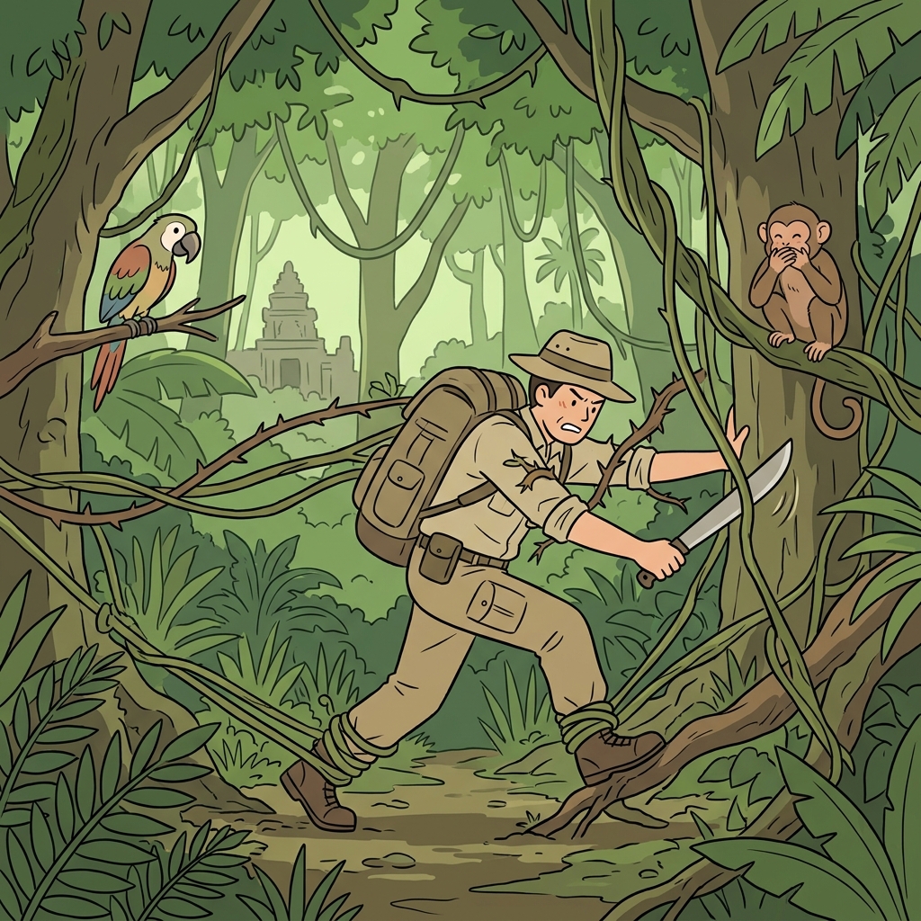 Heavy vines hinder the explorer's every step through the dense jungle.