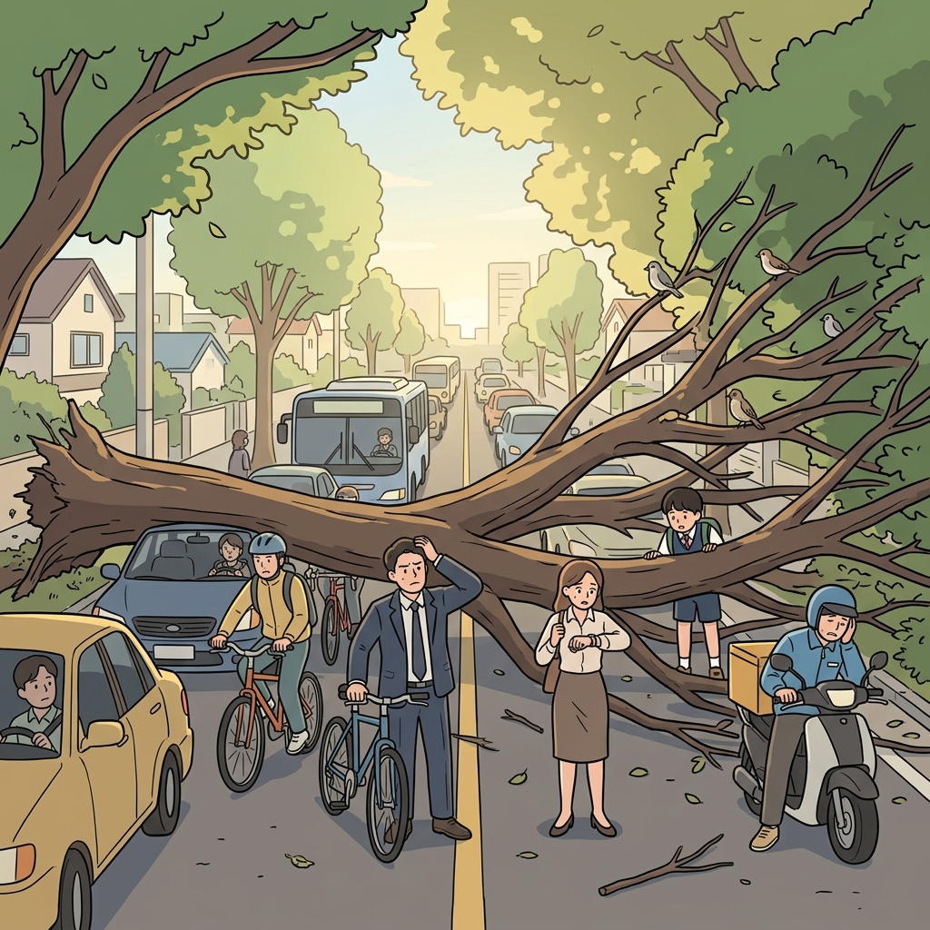 The fallen tree became a serious hindrance to the morning commute.