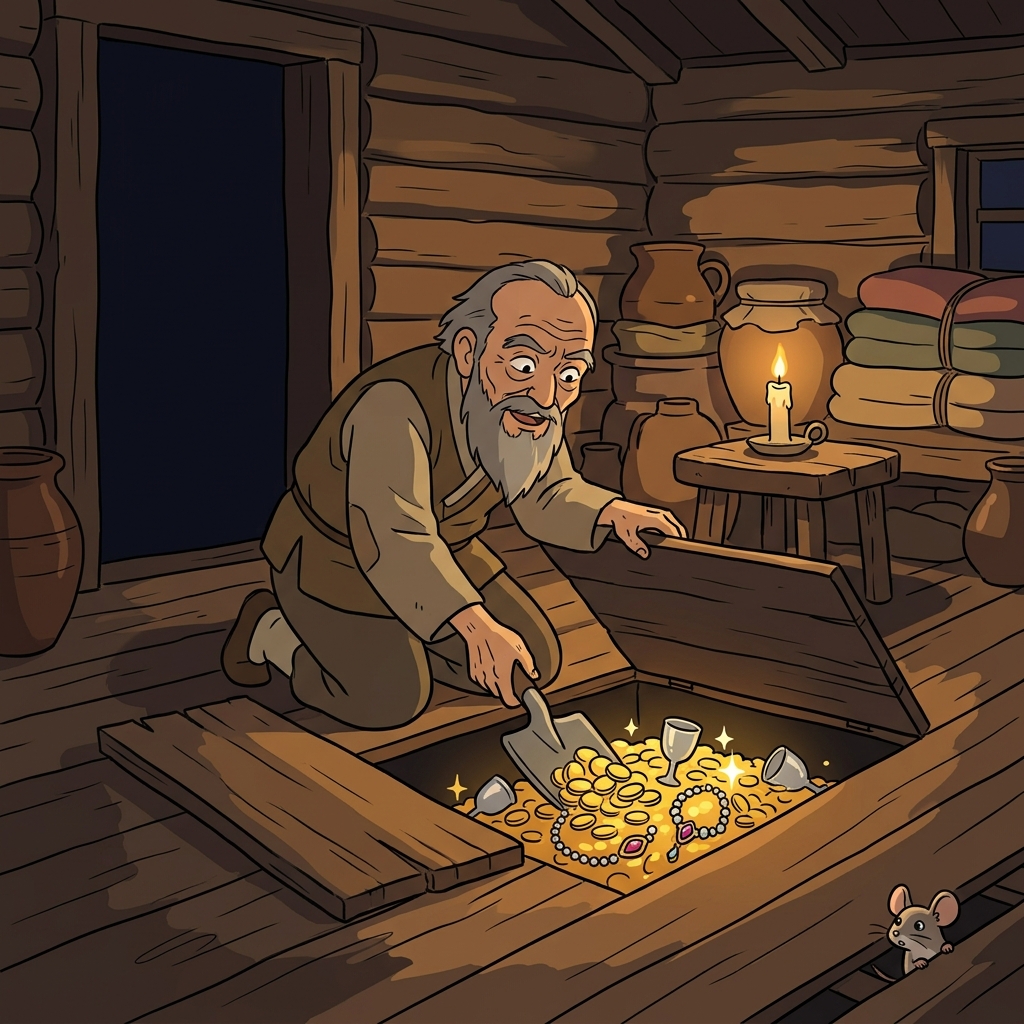 The old miser hides his hoard of gold coins under the floorboards.