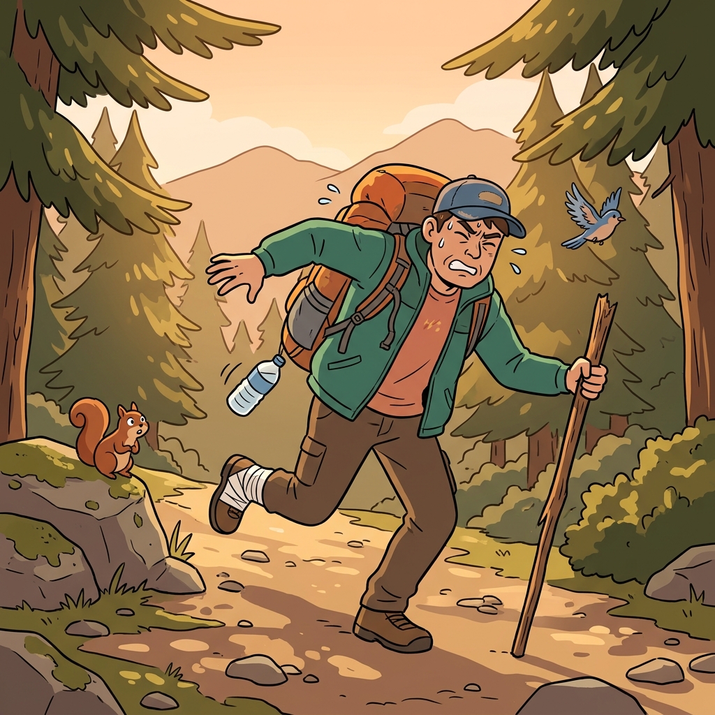 The injured hiker began to hobble down the mountain trail with a broken walking stick.